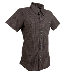 Camisa Feminina Laço Forte Manga Curta Xadrez Marrom/Preto Com Logo Rosa Ref.3107 Cód.397