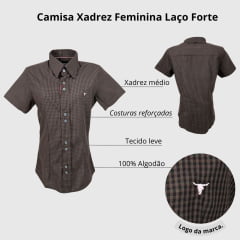 Camisa Feminina Laço Forte Manga Curta Xadrez Marrom/Preto Com Logo Rosa Ref.3107 Cód.397