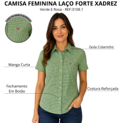 Camisa Feminina Laço Forte Manga Curta Xadrez Verde E Rosa Logo Rosa REF:3108.1