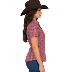 Camisa Feminina Laço Forte Manga Curta Xadrez Vermelho E Branco Logo Rosa Bebê REF:31081