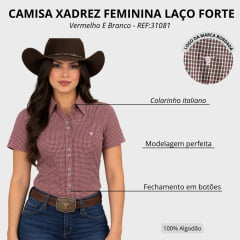 Camisa Feminina Laço Forte Manga Curta Xadrez Vermelho E Branco Logo Rosa Bebê REF:31081