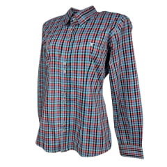 Camisa Feminina Laço Forte Manga Longa Xadrez Azul Claro Preto/Vermelho Com Logo Lilás Ref.3107 Cód.395