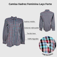 Camisa Feminina Laço Forte Manga Longa Xadrez Azul Claro Preto/Vermelho Com Logo Lilás Ref.3107 Cód.395