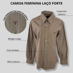 Camisa Feminina Laço Forte Manga Longa Xadrez Marrom/Laranja C/ Logo Marrom REF: 3107