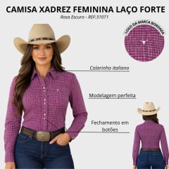 Camisa Feminina Laço Forte Manga Longa Xadrez Pequeno Rosa Escuro Logo Rosa Bebê REF:31071