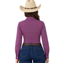 Camisa Feminina Laço Forte Manga Longa Xadrez Pequeno Rosa Escuro Logo Rosa Bebê REF:31071