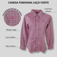 Camisa Feminina Laço Forte Manga Longa Xadrez Rosa Claro/Rosa Escuro C/ Logo Rosa REF: 3107