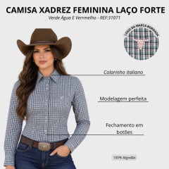 Camisa Feminina Laço Forte Manga Longa Xadrez Verde Água E Vermelho Logo Rosa Bebê REF:31071
