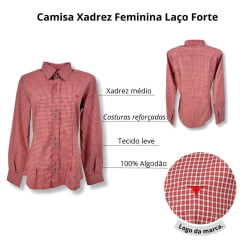 Camisa Feminina Laço Forte Manga Longa Xadrez Vermelho/Branco Com Logo Vermelho Ref.3107 Cód.395