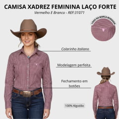 Camisa Feminina Laço Forte Manga Longa Xadrez Vermelho E Branco Logo Rosa Bebê REF:31071