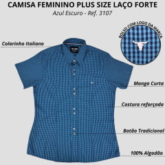 Camisa Feminina Laço Forte Plus Size Manga Curta Xadrez Azul Escuro Ref.3107