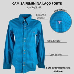 Camisa Feminina Laço Forte Xadrez Azul Com Logo Rosa Manga Longa Ref:3107