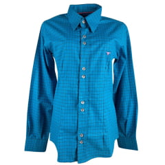 Camisa Feminina Laço Forte Xadrez Azul Com Logo Rosa Manga Longa Ref:3107