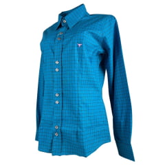Camisa Feminina Laço Forte Xadrez Azul Com Logo Rosa Manga Longa Ref:3107