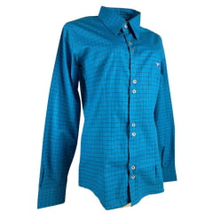 Camisa Feminina Laço Forte Xadrez Azul Com Logo Rosa Manga Longa Ref:3107