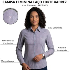Camisa Feminina Laço Forte Xadrez Azul E Marrom Manga Longa Logo Rosa Bebê REF:31071