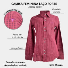 Camisa Feminina Laço Forte Xadrez Bordô Manga Longa Com Logo Rosa Ref:3107