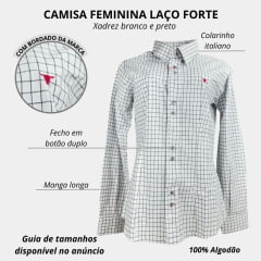 Camisa Feminina Laço Forte Xadrez Branca/Preta Manga Longa Logo Rosa Ref:3107