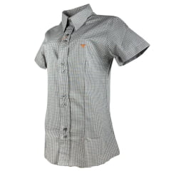 Camisa Feminina Laço Forte Xadrez Cinza Com Logo Laranja Manga Curta Ref:3107