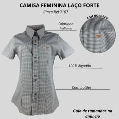 Camisa Feminina Laço Forte Xadrez Cinza Com Logo Laranja Manga Curta Ref:3107