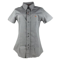 Camisa Feminina Laço Forte Xadrez Cinza Com Logo Laranja Manga Curta Ref:3107