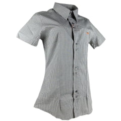 Camisa Feminina Laço Forte Xadrez Cinza Com Logo Laranja Manga Curta Ref:3107