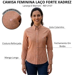 Camisa Feminina Laço Forte Xadrez Laranja E Marrom Logo Rosa Bebê Manga Longa REF:3107