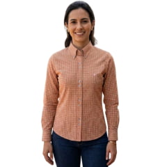 Camisa Feminina Laço Forte Xadrez Laranja E Marrom Logo Rosa Bebê Manga Longa REF:3107 Camisa Feminina Laço Forte Xadrez Laranja E Marrom Logo Rosa Bebê Manga Longa REF:3107