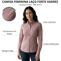 Camisa Feminina Laço Forte Xadrez Laranja E Preto Manga Longa Logo Rosa Bebê REF:31071