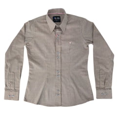 Camisa Feminina Laço Forte Xadrez Marrom Claro Manga Longa Com Logo Rosa Ref 3107-1