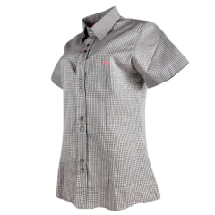 Camisa Feminina Laço Forte Xadrez Marrom Com Logo Rosa Manga Curta Ref:3107