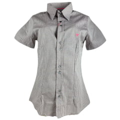 Camisa Feminina Laço Forte Xadrez Marrom Com Logo Rosa Manga Curta Ref:3107