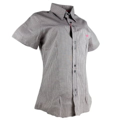 Camisa Feminina Laço Forte Xadrez Marrom Com Logo Rosa Manga Curta Ref:3107