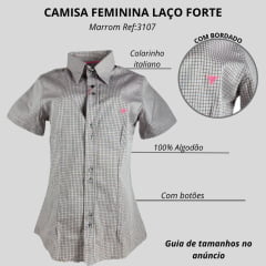 Camisa Feminina Laço Forte Xadrez Marrom Com Logo Rosa Manga Curta Ref:3107