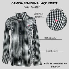 Camisa Feminina Laço Forte Xadrez Preto/ Branco Manga Longa Com Logo Rosa Ref:3107