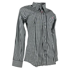 Camisa Feminina Laço Forte Xadrez Preto/ Branco Manga Longa Com Logo Rosa Ref:3107