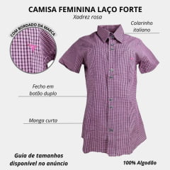 Camisa Feminina Laço Forte Xadrez Rosa Manga Curta Com Logo Rosa Ref: 3107