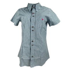 Camisa Feminina Laço Forte Xadrez Verde/Azul Claro Manga Curta Com Logo Rosa Ref: 3107
