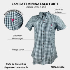 Camisa Feminina Laço Forte Xadrez Verde/Azul Claro Manga Curta Com Logo Rosa Ref: 3107