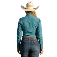 Camisa Feminina Laço Forte Xadrez Verde/Azul Manga Longa Com Logo Rosa Ref 3107-1