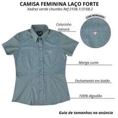 Camisa Feminina Laço Forte Xadrez Verde Chumbo Manga Curta Com Logo Rosa Ref 3108.1/3108.2