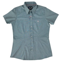 Camisa Feminina Laço Forte Xadrez Verde Chumbo Manga Curta Com Logo Rosa Ref 3108.1/3108.2