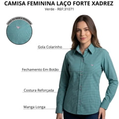 Camisa Feminina Laço Forte Xadrez Verde Logo Rosa Bebê Manga Longa REF:31071