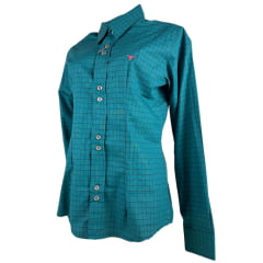 Camisa Feminina Laço Forte Xadrez Verde Com Logo Rosa Manga Longa Ref:3107