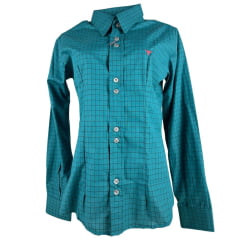 Camisa Feminina Laço Forte Xadrez Verde Com Logo Rosa Manga Longa Ref:3107