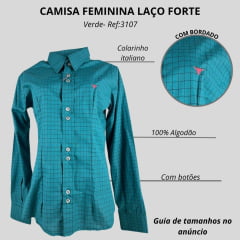Camisa Feminina Laço Forte Xadrez Verde Com Logo Rosa Manga Longa Ref:3107