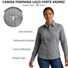 Camisa Feminina Laço Forte Xadrez Verde E Azul Logo Rosa Manga Longa REF:31071