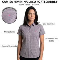 Camisa Feminina Laço Forte Xadrez Verde E Roxo Logo Pink Manga Curta REF:3108.1