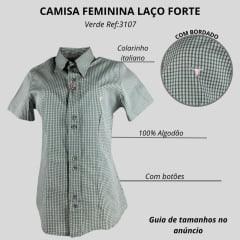 Camisa Feminina Laço Forte Xadrez Verde Manga Curta Com Logo Rosa Ref:3107