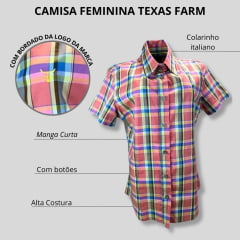 Camisa Feminina Manga Curta Texas Farm Xadrez Colorida Com Logo Amarelo Ref.CAFC024